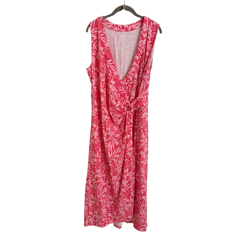 Lands End Womens Pink Tropical Floral Faux Wrap Jersey Midi Dress Plus 1X 546263